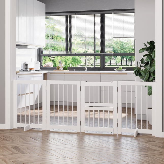 Collapsible dog safety gate with support feet, pine white