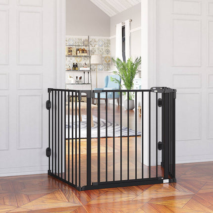 Adjustable dog barrier with automatic door, foldable 3 panels