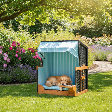 Dog Beach Chair with Bowl – Wood & Rattan