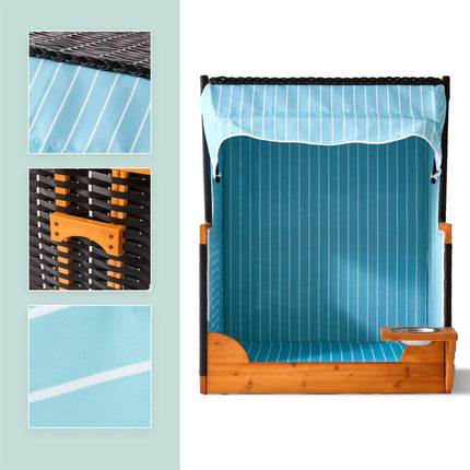 Dog Beach Chair with Bowl – Wood & Rattan