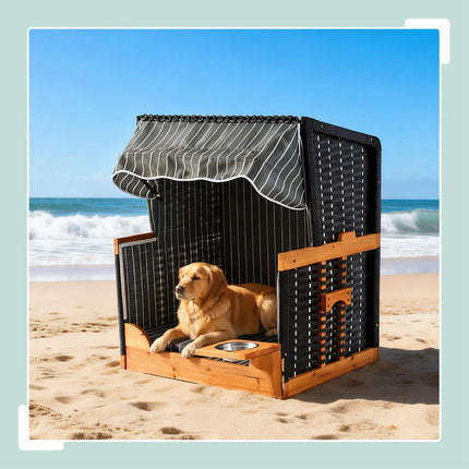 Dog Beach Chair with Bowl, Wood & Rattan