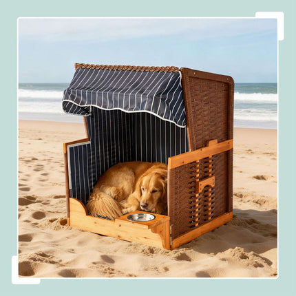 Dog Beach Chair with Bowl – Wood & Rattan