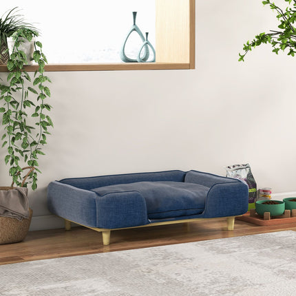 Dark blue dog bed sofa with wooden legs, 96x66x24 cm