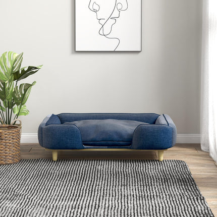 Dark blue dog bed sofa with wooden legs, 96x66x24 cm
