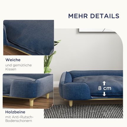 Dark blue dog bed sofa with wooden legs, 96x66x24 cm
