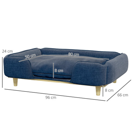 Dark blue dog bed sofa with wooden legs, 96x66x24 cm
