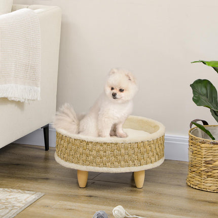 Elevated dog bed with washable cushion, seaweed rope