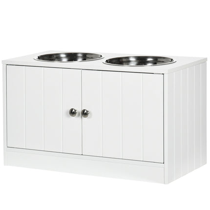 Raised dog bowl stand with storage & 2 steel bowls