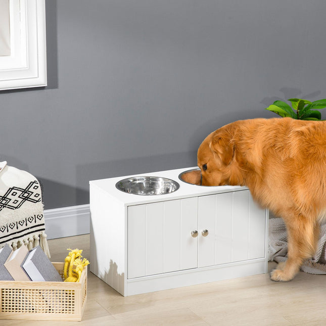 Raised dog bowl stand with storage & 2 steel bowls