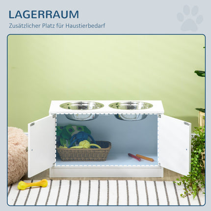 Raised dog bowl stand with storage & 2 steel bowls