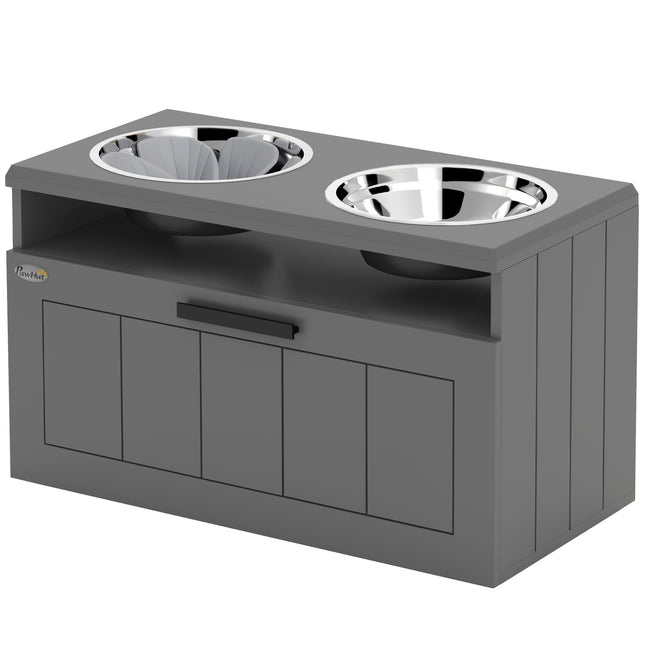 Elevated dog feeding station with storage, gray