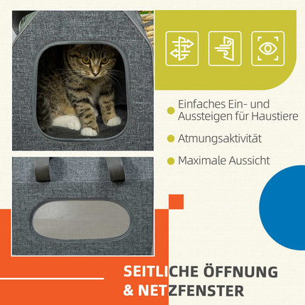 Pet transport box with mesh window and cushion, gray