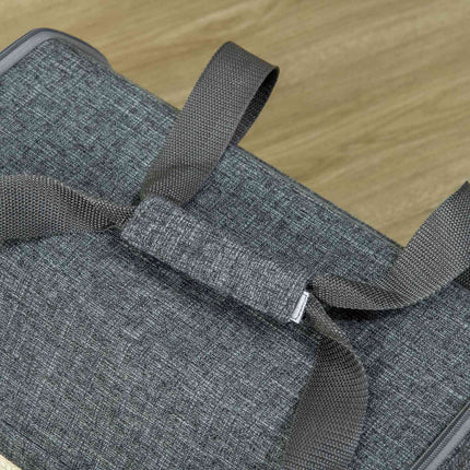 Pet transport box with mesh window and cushion, gray