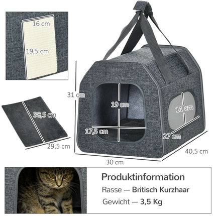 Pet transport box with mesh window and cushion, gray