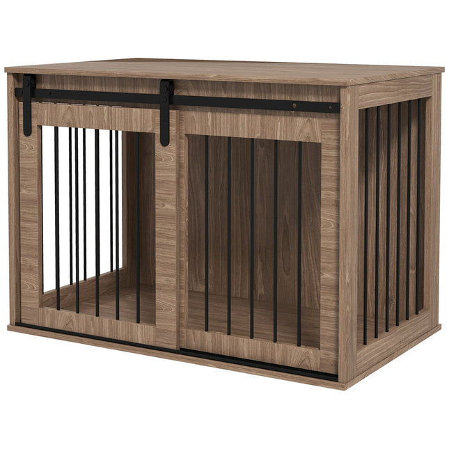 Sliding door dog cage - wooden look, locking, large 30 kg