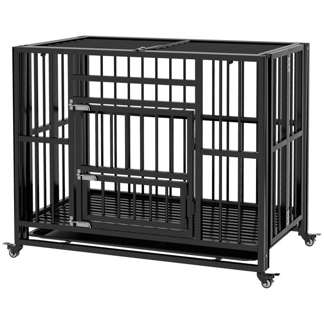 Steel dog cage with wheels & double doors, 94x58x78 cm