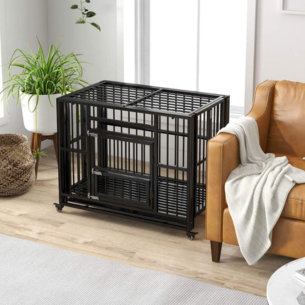 Steel dog cage with wheels & double doors, 94x58x78 cm