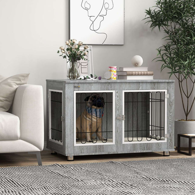 Medium dog box - double doors, cushioned, grey, 90x58x65 cm