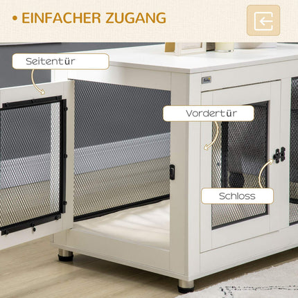 Dog cage with tabletop & cushion - indoor, 2 doors, white/black
