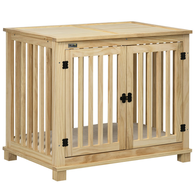 Wooden dog house with cushion - Medium, natural finish