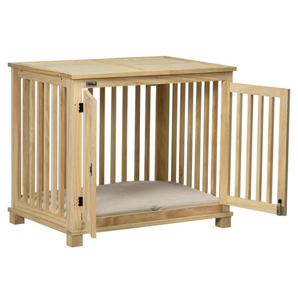 Wooden dog house with cushion - Medium, natural finish