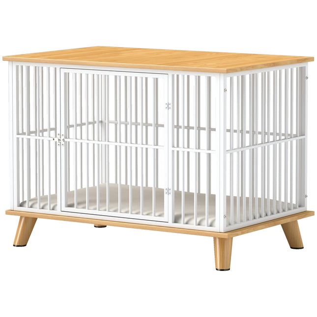 Medium dog cage with cushion and lockable door, oak