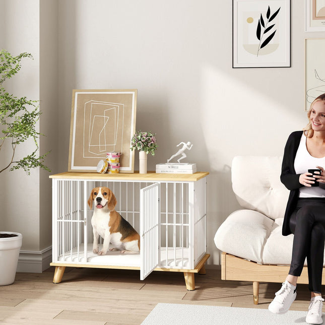 Medium dog cage with cushion and lockable door, oak