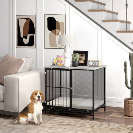 Lockable dog box with cushion, Grey, 88 x 55 x 71 cm