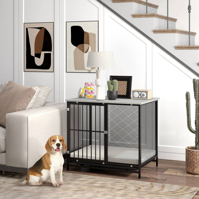 Lockable dog box with cushion, Grey, 88 x 55 x 71 cm