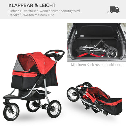 Pet Stroller, Foldable 3 Wheel, Red & Black Oxford Fabric