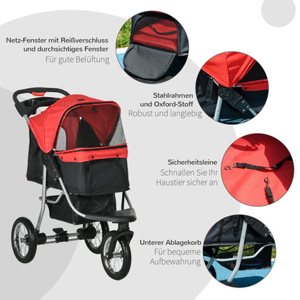 Pet Stroller, Foldable 3 Wheel, Red & Black Oxford Fabric