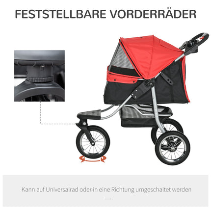 Pet Stroller, Foldable 3 Wheel, Red & Black Oxford Fabric