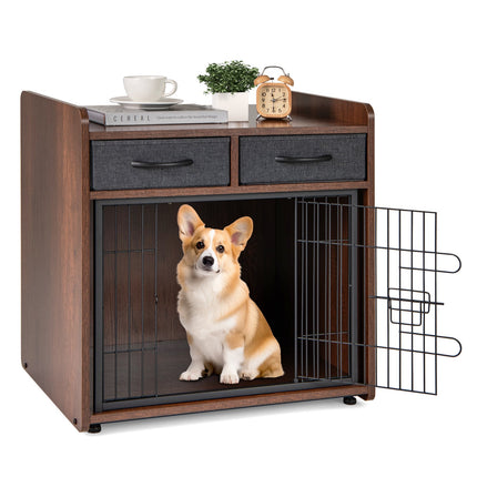 Dog Crate Furniture End Table With 2 Fabric Drawers