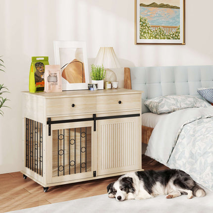 Dog Crate on Wheels, 2 Doors, 2 Drawers, Wood & Steel