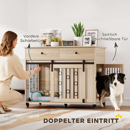 Dog Crate on Wheels, 2 Doors, 2 Drawers, Wood & Steel