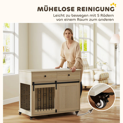 Dog Crate on Wheels, 2 Doors, 2 Drawers, Wood & Steel