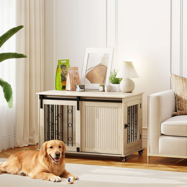 Dog Crate on Wheels, Sliding Door, 100 x 56 x 65 cm, Wood, Steel