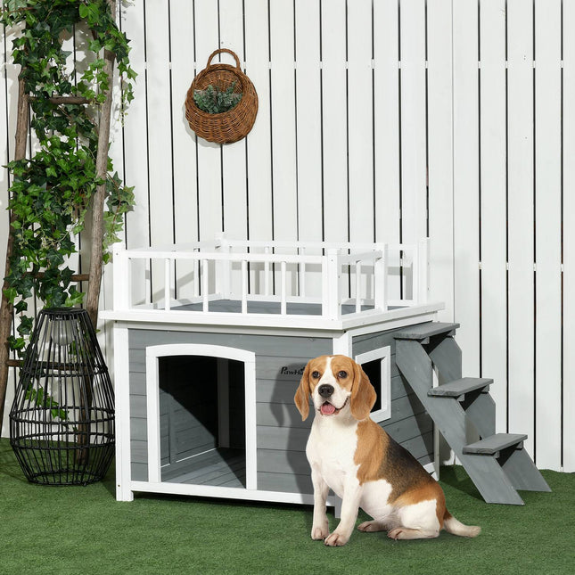 Elevated dog house with balcony and stairs - spruce wood