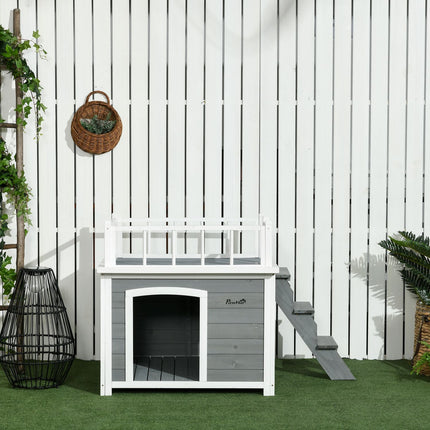 Elevated dog house with balcony and stairs - spruce wood