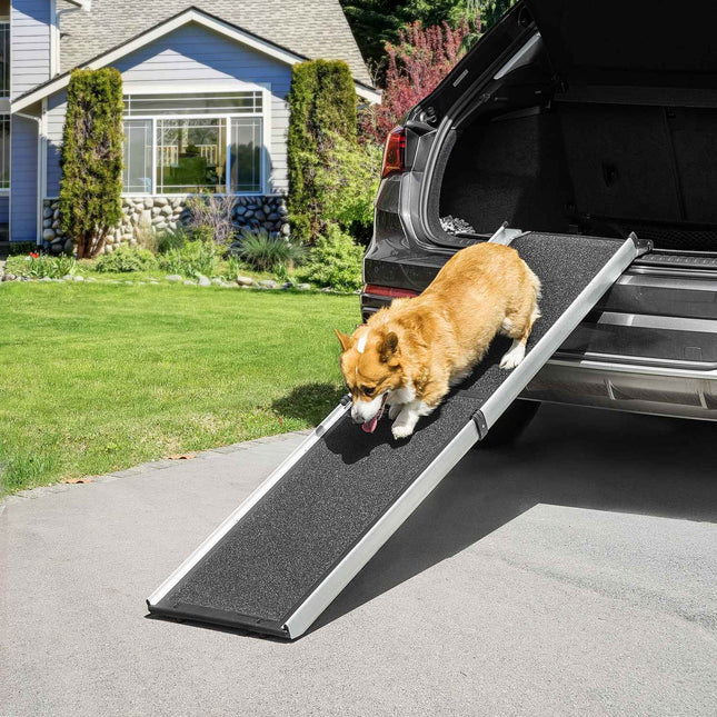 Hondenoprit Huisdierenoprit Opvouwbare Hondentrap Met Draaggreep Telescopische Autooprit Dierenoprit Antislip Aluminium Zwart + Zilver 183 X 42 X 6,5 Cm