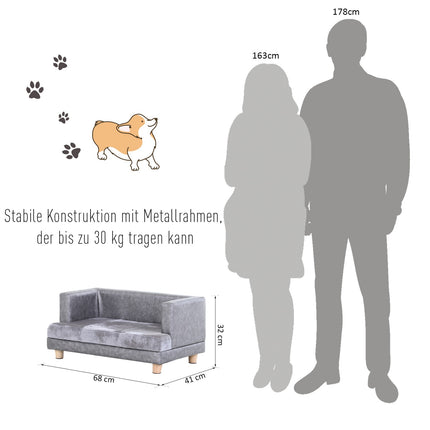 Comfortable gray pet sofa, artificial leather and plush, 68x41x32 cm