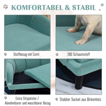 Pet sofa with backrest & wooden legs, soft fabric, green