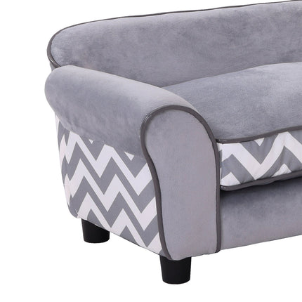Gray velvet pet sofa with washable cushion and elevated feet