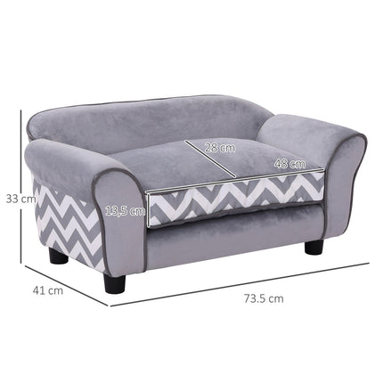 Gray velvet pet sofa with washable cushion and elevated feet