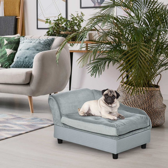 Plush dog bed sofa - natural wood, light blue, 76x45cm