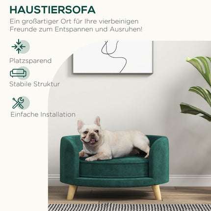 Dog sofa with cushion, velvet look, raised wooden legs