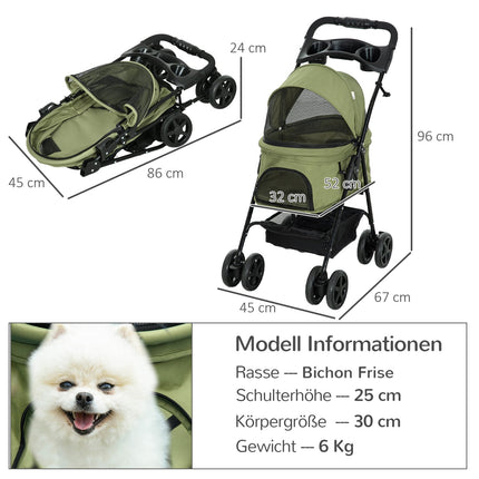 Pet stroller, foldable, small dogs and cats, Oxford Green