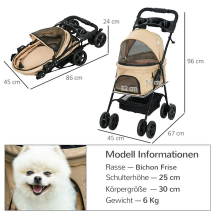 Collapsible pet carriage for small dogs & cats, Khaki 67x45x96 cm