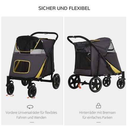 Collapsible pet stroller with cushion and mesh window, gray