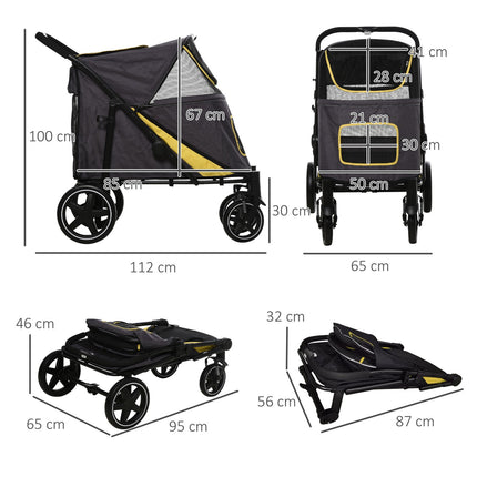Collapsible pet stroller with cushion and mesh window, gray